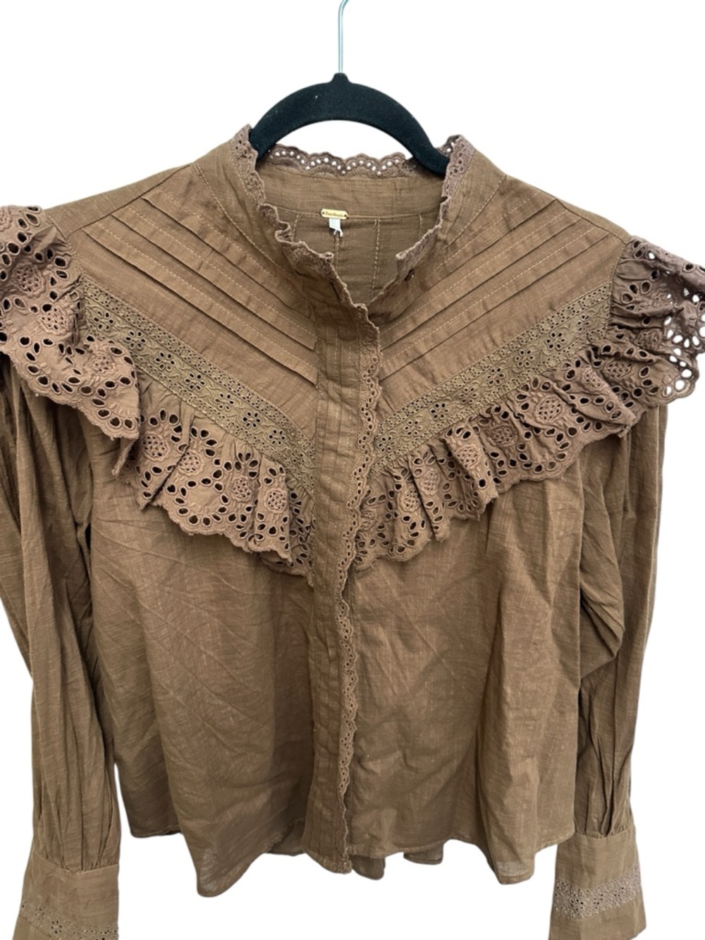 Free People Hit The Road button down blouse in Coffee Date eyelet ruffle yoke - Picture 6 of 14
